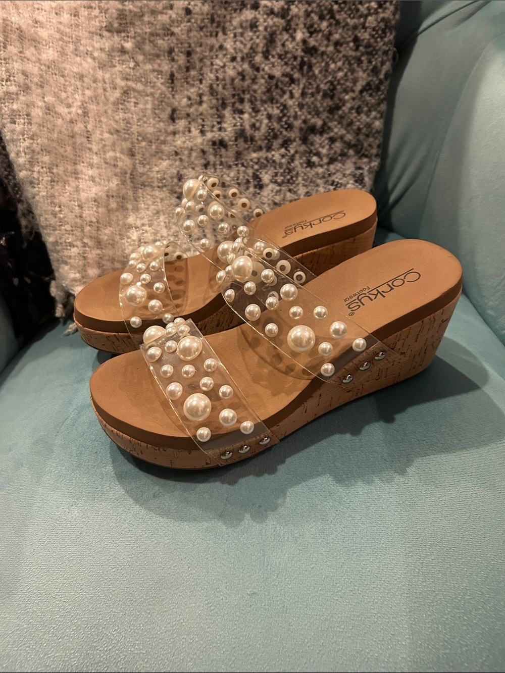 Corkys Pearl-Embellished Clear Double-Strap Wedges “Sangria” size 7 NEW  - Tan
